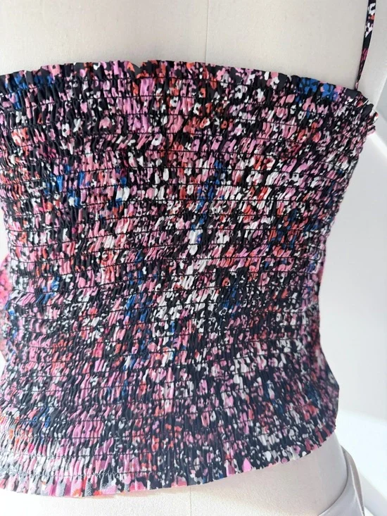 Maje Floral Silk Crop Top Black Pink (3/S) | Sleeveless Parisian Chic Summer - Picture 10 of 13